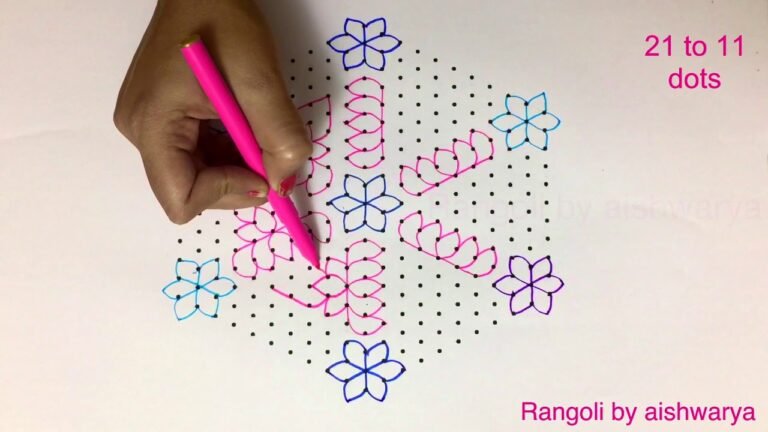 Cute & Simple Flower Rangoli with 21×11 | Interlaced dots New Kolams and Muggulu Chaturdhi