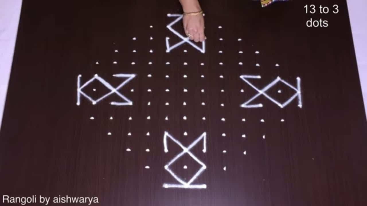 Big Rangoli For Diwali With 13 To 3 Dots