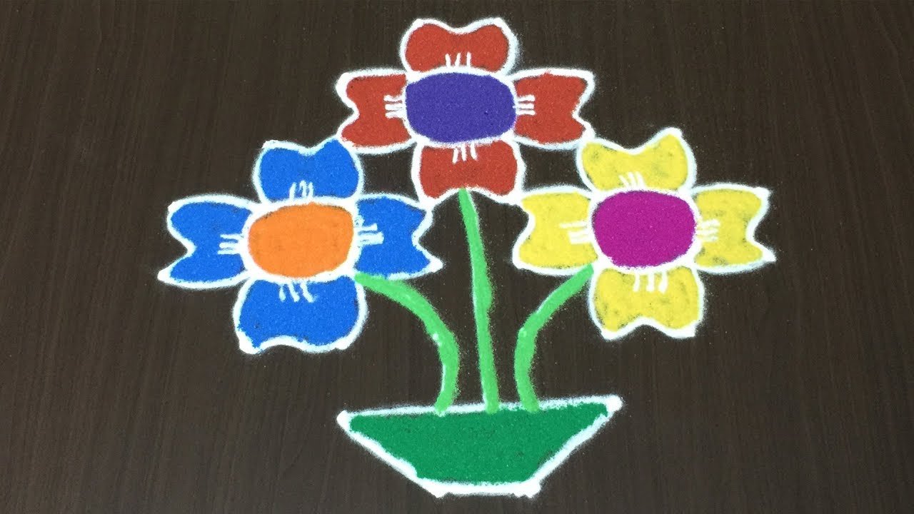 Flowers Pot Color Rangoli 8 Into 2 Dots