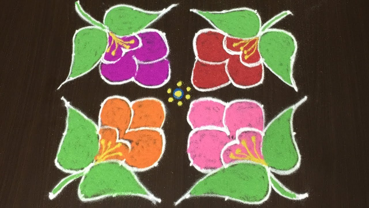 Flowers Rangoli Designs With 8 to 8 Dots