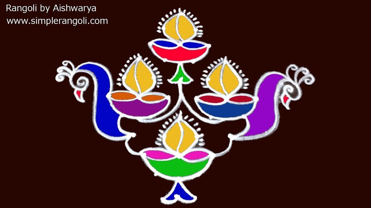 Peacock With 4 Diyas Kolam Rangoli Designs
