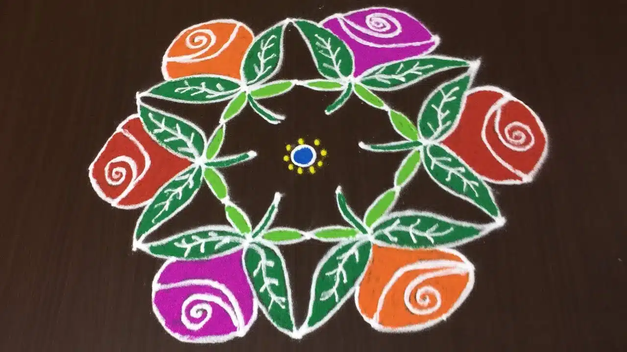 rose kolam with leaves