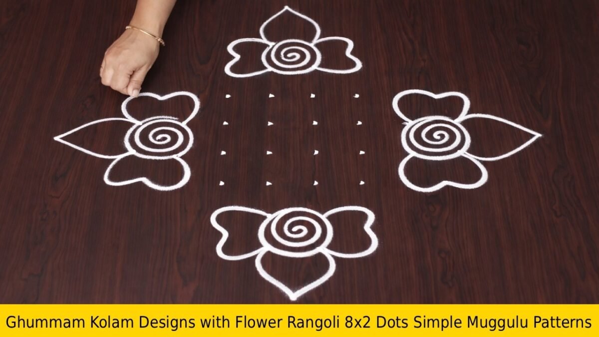 Ghummam Kolam Designs with Flower Rangoli 8×2 Dots Simple Muggulu Patterns