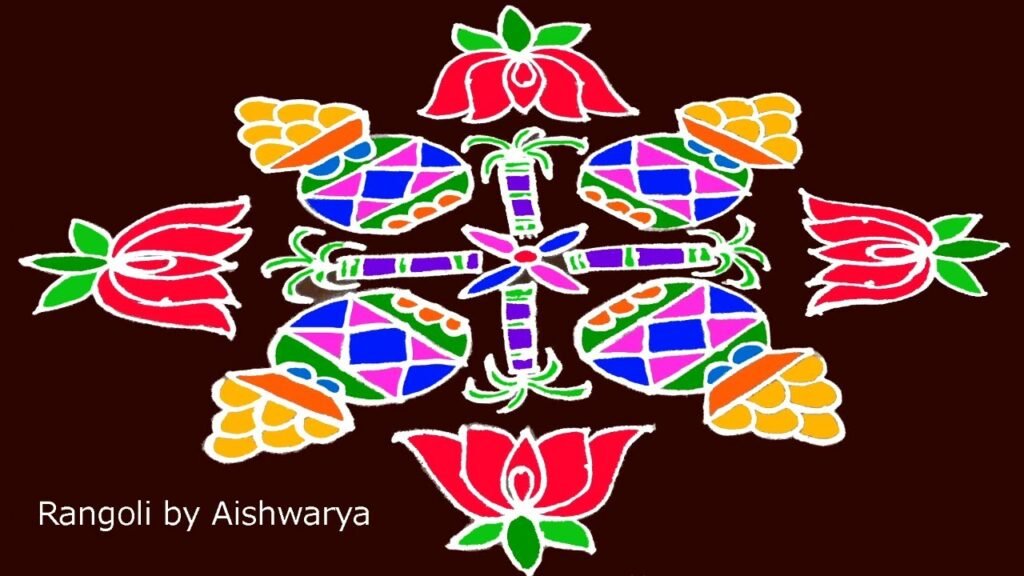 A colourful Pongal pot kolam — patterned pots, lotuses and sugarcane drawn in full colour on a 15-to-1 dot grid